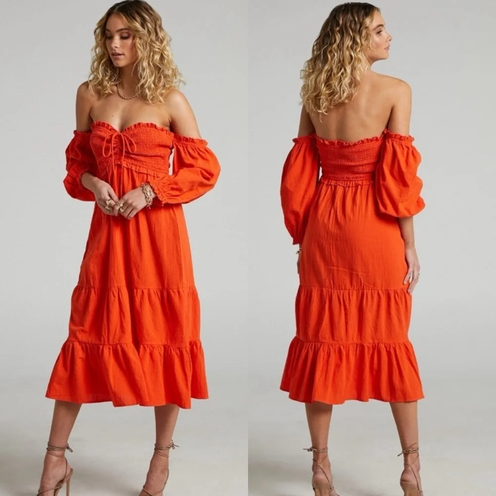 Showpo Nikka Shirred Off Shoulder Puff Sleeve Midi Dress - Picture 1 of 4